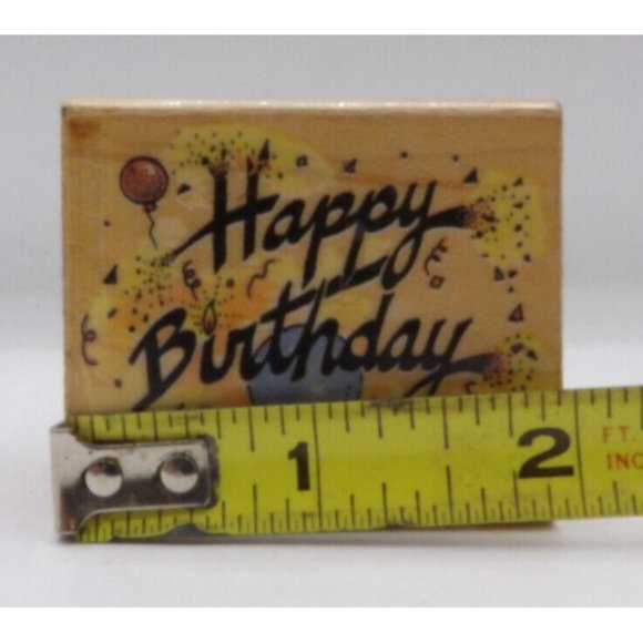 Stamp Wooden Happy Birthday w Balloons ©1984 All Night Media  2" x 1 5/8" - Picture 2 of 4